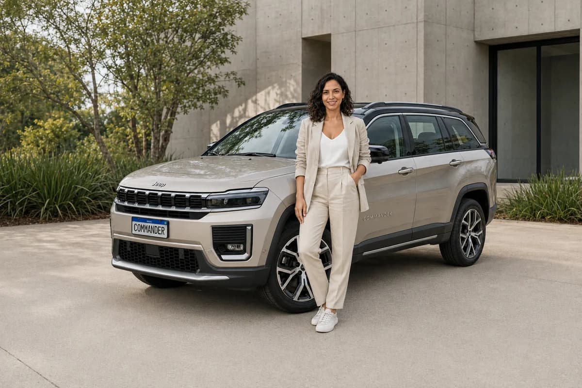 Mulher ao lado de um Jeep Commander