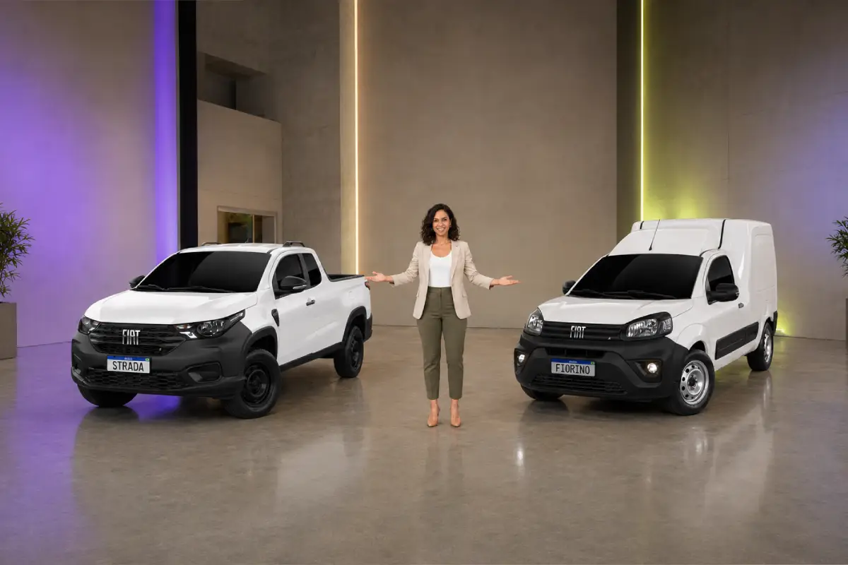 Mulher entre um Fiat Strada e um Fiat Fiorino